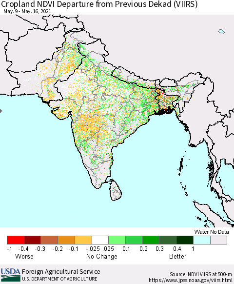 Southern Asia Cropland NDVI Departure from Previous Dekad (VIIRS) Thematic Map For 5/11/2021 - 5/20/2021