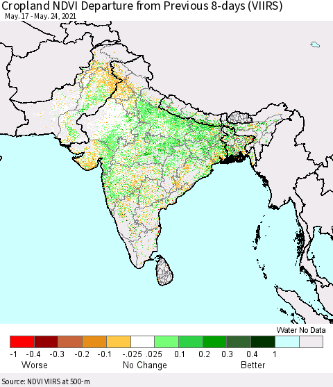 Southern Asia Cropland NDVI Departure from Previous 8-days (VIIRS) Thematic Map For 5/17/2021 - 5/24/2021
