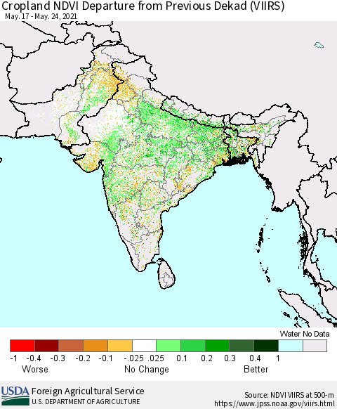 Southern Asia Cropland NDVI Departure from Previous Dekad (VIIRS) Thematic Map For 5/21/2021 - 5/31/2021