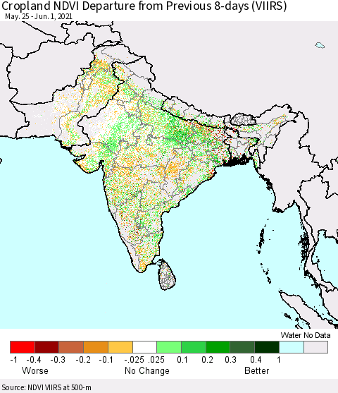 Southern Asia Cropland NDVI Departure from Previous 8-days (VIIRS) Thematic Map For 5/25/2021 - 6/1/2021