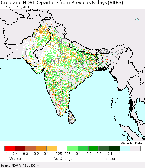 Southern Asia Cropland NDVI Departure from Previous 8-days (VIIRS) Thematic Map For 6/2/2021 - 6/9/2021