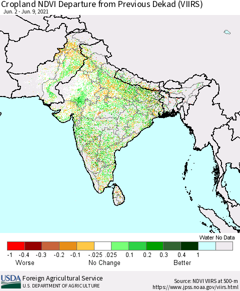 Southern Asia Cropland NDVI Departure from Previous Dekad (VIIRS) Thematic Map For 6/1/2021 - 6/10/2021