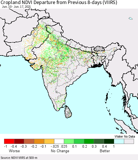 Southern Asia Cropland NDVI Departure from Previous 8-days (VIIRS) Thematic Map For 6/10/2021 - 6/17/2021