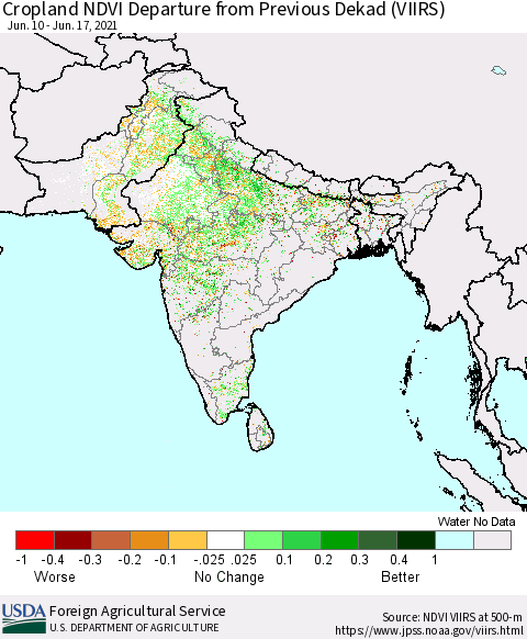 Southern Asia Cropland NDVI Departure from Previous Dekad (VIIRS) Thematic Map For 6/11/2021 - 6/20/2021