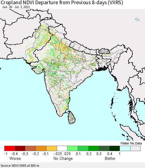 Southern Asia Cropland NDVI Departure from Previous 8-days (VIIRS) Thematic Map For 6/26/2021 - 7/3/2021