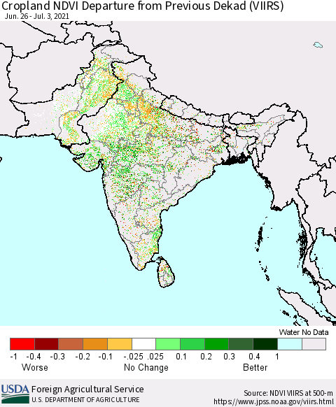 Southern Asia Cropland NDVI Departure from Previous Dekad (VIIRS) Thematic Map For 7/1/2021 - 7/10/2021