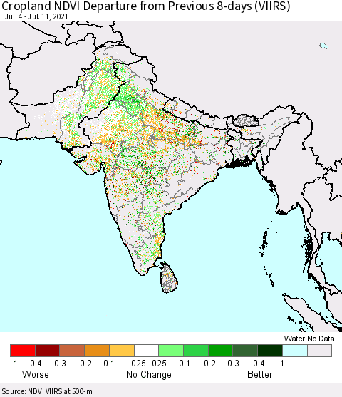 Southern Asia Cropland NDVI Departure from Previous 8-days (VIIRS) Thematic Map For 7/4/2021 - 7/11/2021