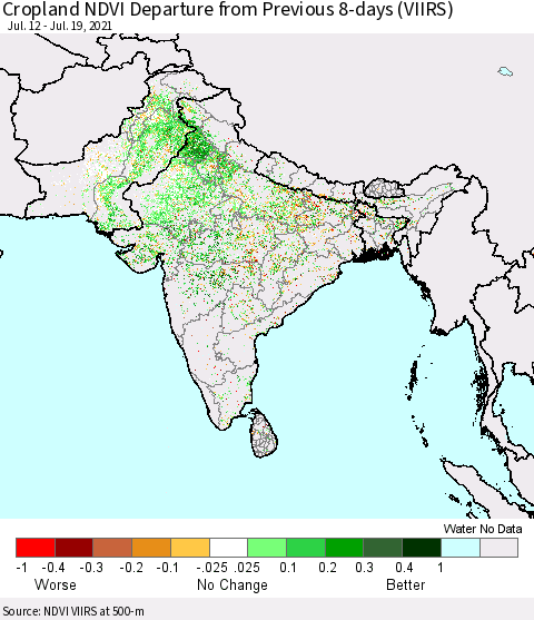 Southern Asia Cropland NDVI Departure from Previous 8-days (VIIRS) Thematic Map For 7/12/2021 - 7/19/2021
