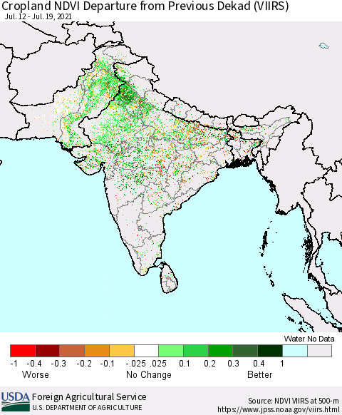 Southern Asia Cropland NDVI Departure from Previous Dekad (VIIRS) Thematic Map For 7/11/2021 - 7/20/2021
