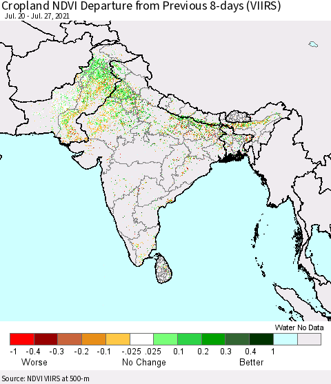Southern Asia Cropland NDVI Departure from Previous 8-days (VIIRS) Thematic Map For 7/20/2021 - 7/27/2021