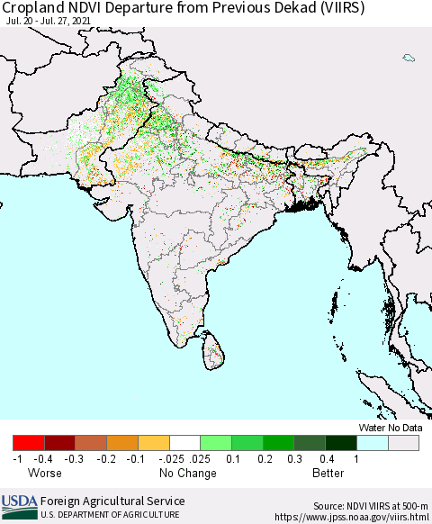 Southern Asia Cropland NDVI Departure from Previous Dekad (VIIRS) Thematic Map For 7/21/2021 - 7/31/2021