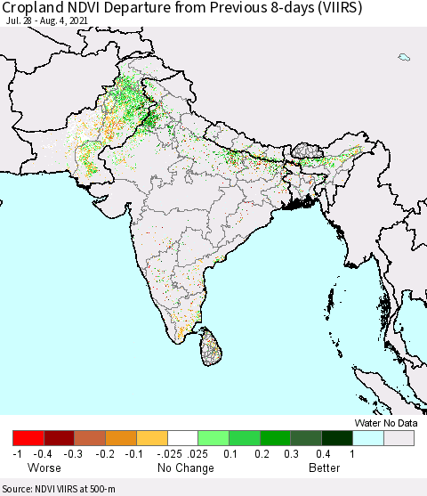 Southern Asia Cropland NDVI Departure from Previous 8-days (VIIRS) Thematic Map For 7/28/2021 - 8/4/2021