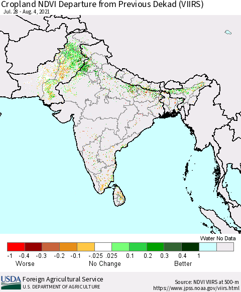 Southern Asia Cropland NDVI Departure from Previous Dekad (VIIRS) Thematic Map For 8/1/2021 - 8/10/2021