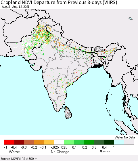 Southern Asia Cropland NDVI Departure from Previous 8-days (VIIRS) Thematic Map For 8/5/2021 - 8/12/2021