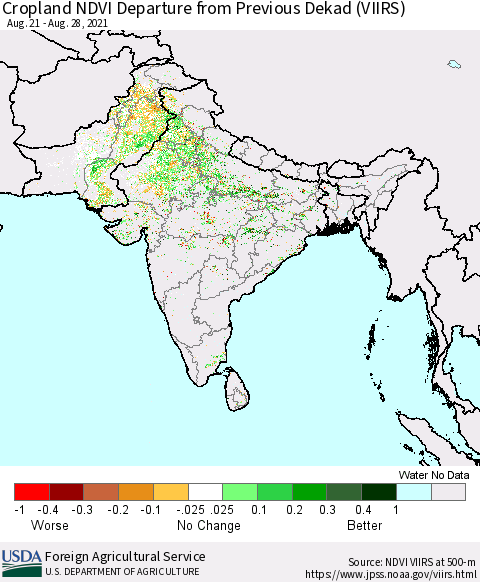 Southern Asia Cropland NDVI Departure from Previous Dekad (VIIRS) Thematic Map For 8/21/2021 - 8/31/2021