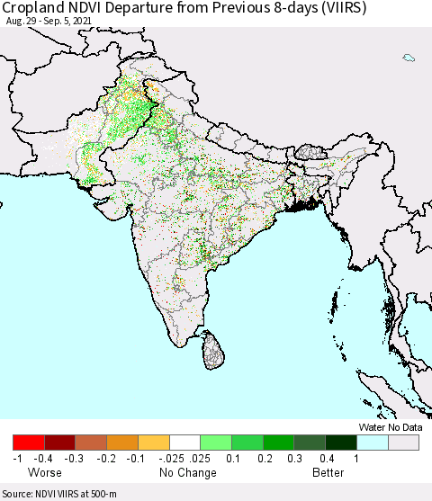Southern Asia Cropland NDVI Departure from Previous 8-days (VIIRS) Thematic Map For 8/29/2021 - 9/5/2021