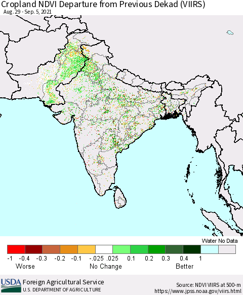 Southern Asia Cropland NDVI Departure from Previous Dekad (VIIRS) Thematic Map For 9/1/2021 - 9/10/2021