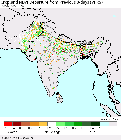 Southern Asia Cropland NDVI Departure from Previous 8-days (VIIRS) Thematic Map For 9/6/2021 - 9/13/2021