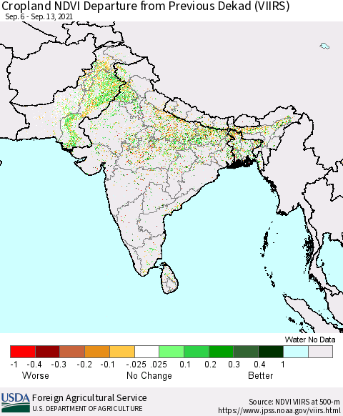 Southern Asia Cropland NDVI Departure from Previous Dekad (VIIRS) Thematic Map For 9/11/2021 - 9/20/2021