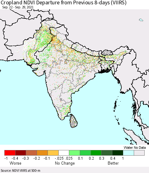 Southern Asia Cropland NDVI Departure from Previous 8-days (VIIRS) Thematic Map For 9/22/2021 - 9/29/2021