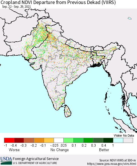 Southern Asia Cropland NDVI Departure from Previous Dekad (VIIRS) Thematic Map For 9/21/2021 - 9/30/2021