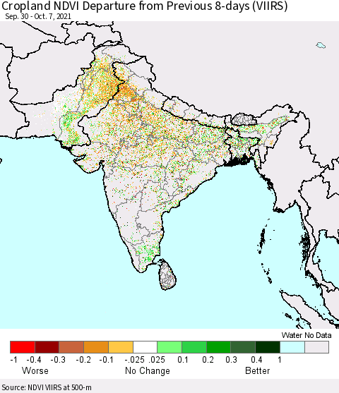 Southern Asia Cropland NDVI Departure from Previous 8-days (VIIRS) Thematic Map For 9/30/2021 - 10/7/2021