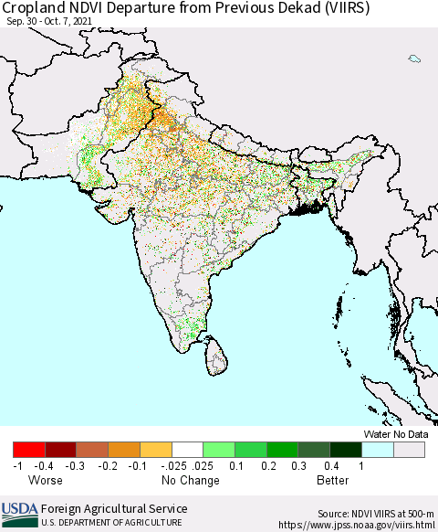 Southern Asia Cropland NDVI Departure from Previous Dekad (VIIRS) Thematic Map For 10/1/2021 - 10/10/2021