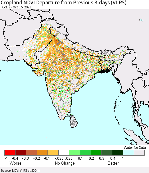 Southern Asia Cropland NDVI Departure from Previous 8-days (VIIRS) Thematic Map For 10/8/2021 - 10/15/2021
