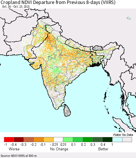 Southern Asia Cropland NDVI Departure from Previous 8-days (VIIRS) Thematic Map For 10/16/2021 - 10/23/2021