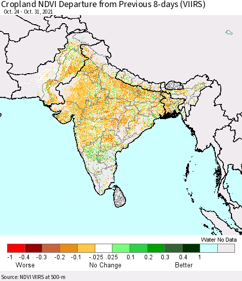 Southern Asia Cropland NDVI Departure from Previous 8-days (VIIRS) Thematic Map For 10/24/2021 - 10/31/2021