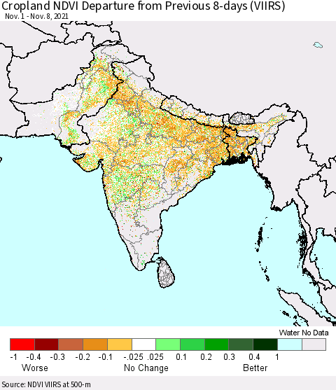 Southern Asia Cropland NDVI Departure from Previous 8-days (VIIRS) Thematic Map For 11/1/2021 - 11/8/2021