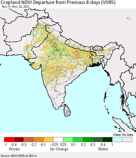Southern Asia Cropland NDVI Departure from Previous 8-days (VIIRS) Thematic Map For 11/9/2021 - 11/16/2021