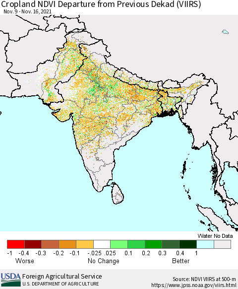Southern Asia Cropland NDVI Departure from Previous Dekad (VIIRS) Thematic Map For 11/11/2021 - 11/20/2021