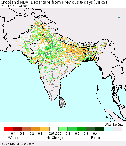 Southern Asia Cropland NDVI Departure from Previous 8-days (VIIRS) Thematic Map For 11/17/2021 - 11/24/2021