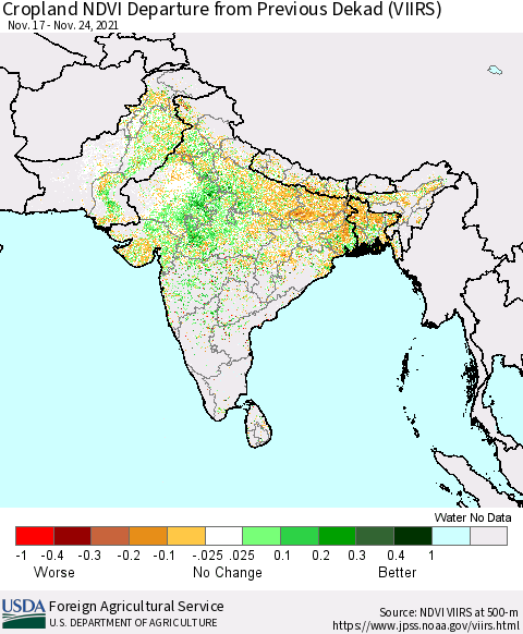 Southern Asia Cropland NDVI Departure from Previous Dekad (VIIRS) Thematic Map For 11/21/2021 - 11/30/2021