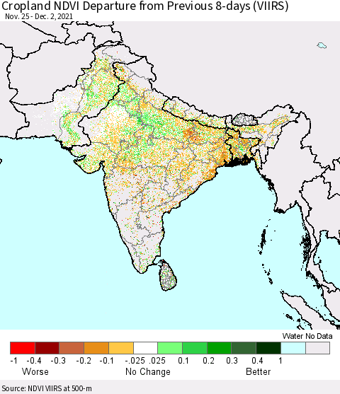 Southern Asia Cropland NDVI Departure from Previous 8-days (VIIRS) Thematic Map For 11/25/2021 - 12/2/2021