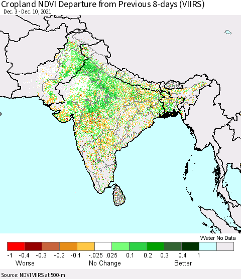 Southern Asia Cropland NDVI Departure from Previous Dekad (VIIRS) Thematic Map For 12/1/2021 - 12/10/2021