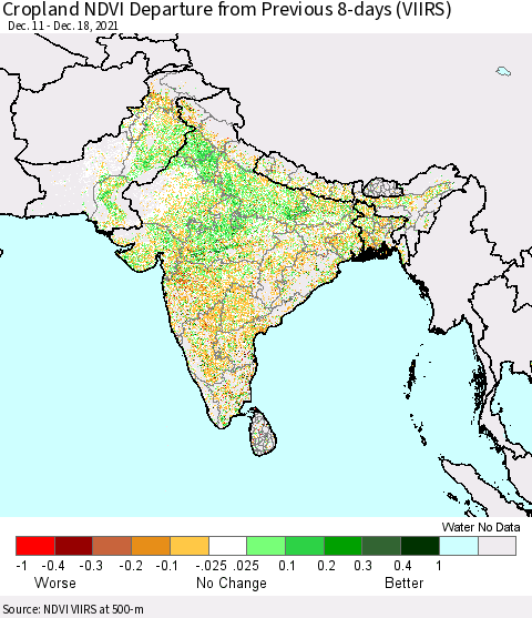 Southern Asia Cropland NDVI Departure from Previous 8-days (VIIRS) Thematic Map For 12/11/2021 - 12/18/2021
