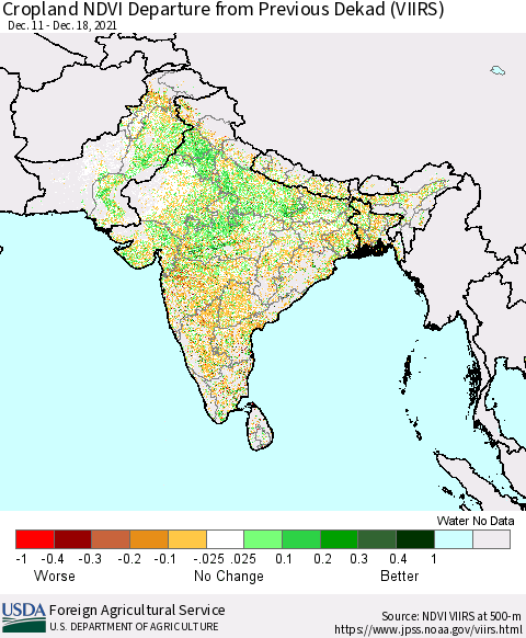 Southern Asia Cropland NDVI Departure from Previous Dekad (VIIRS) Thematic Map For 12/11/2021 - 12/20/2021