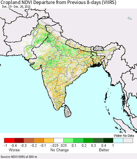 Southern Asia Cropland NDVI Departure from Previous 8-days (VIIRS) Thematic Map For 12/19/2021 - 12/26/2021