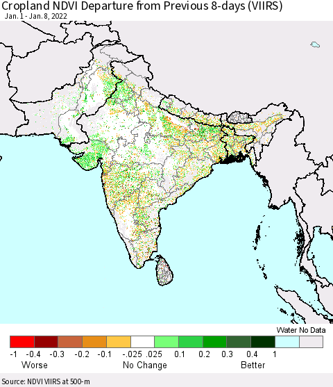 Southern Asia Cropland NDVI Departure from Previous 8-days (VIIRS) Thematic Map For 1/1/2022 - 1/8/2022