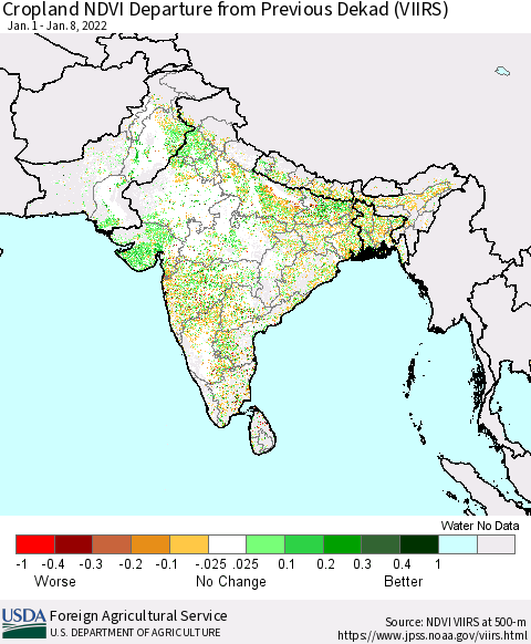 Southern Asia Cropland NDVI Departure from Previous Dekad (VIIRS) Thematic Map For 1/1/2022 - 1/10/2022
