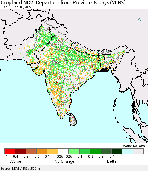 Southern Asia Cropland NDVI Departure from Previous 8-days (VIIRS) Thematic Map For 1/9/2022 - 1/16/2022