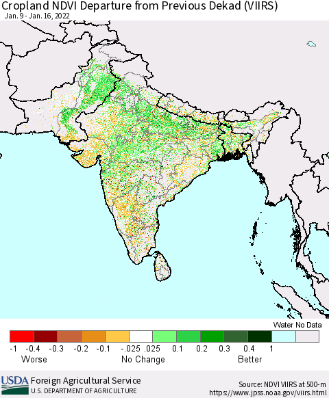 Southern Asia Cropland NDVI Departure from Previous Dekad (VIIRS) Thematic Map For 1/11/2022 - 1/20/2022