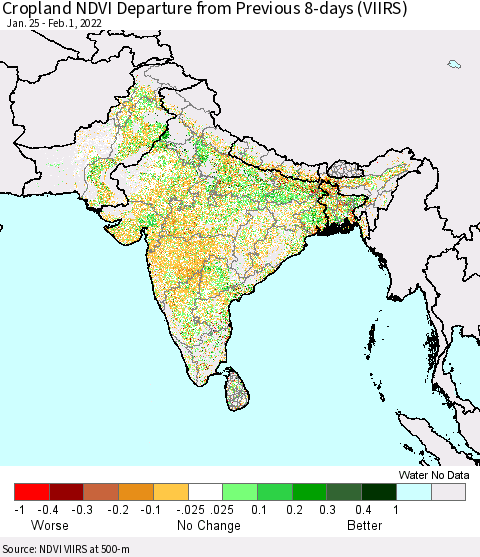 Southern Asia Cropland NDVI Departure from Previous 8-days (VIIRS) Thematic Map For 1/25/2022 - 2/1/2022