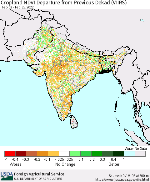 Southern Asia Cropland NDVI Departure from Previous Dekad (VIIRS) Thematic Map For 2/21/2022 - 2/28/2022