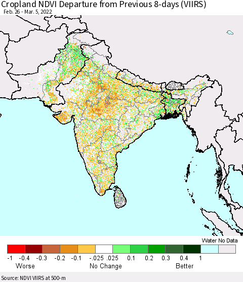 Southern Asia Cropland NDVI Departure from Previous 8-days (VIIRS) Thematic Map For 2/26/2022 - 3/5/2022