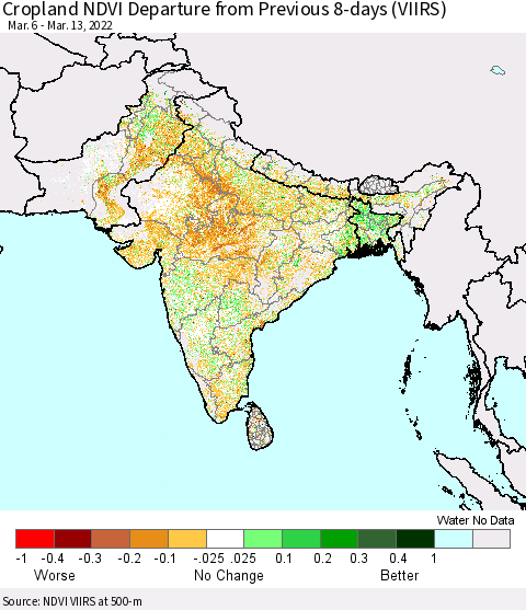 Southern Asia Cropland NDVI Departure from Previous 8-days (VIIRS) Thematic Map For 3/6/2022 - 3/13/2022