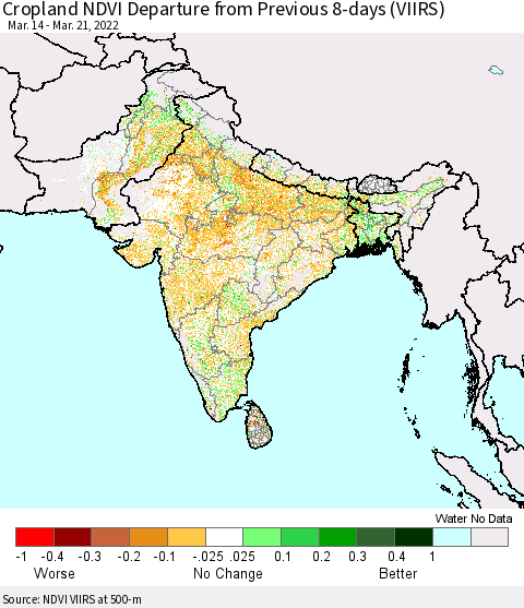 Southern Asia Cropland NDVI Departure from Previous 8-days (VIIRS) Thematic Map For 3/14/2022 - 3/21/2022