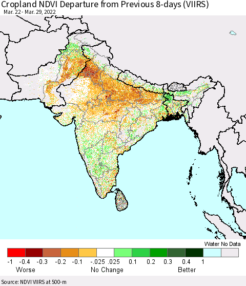 Southern Asia Cropland NDVI Departure from Previous 8-days (VIIRS) Thematic Map For 3/22/2022 - 3/29/2022